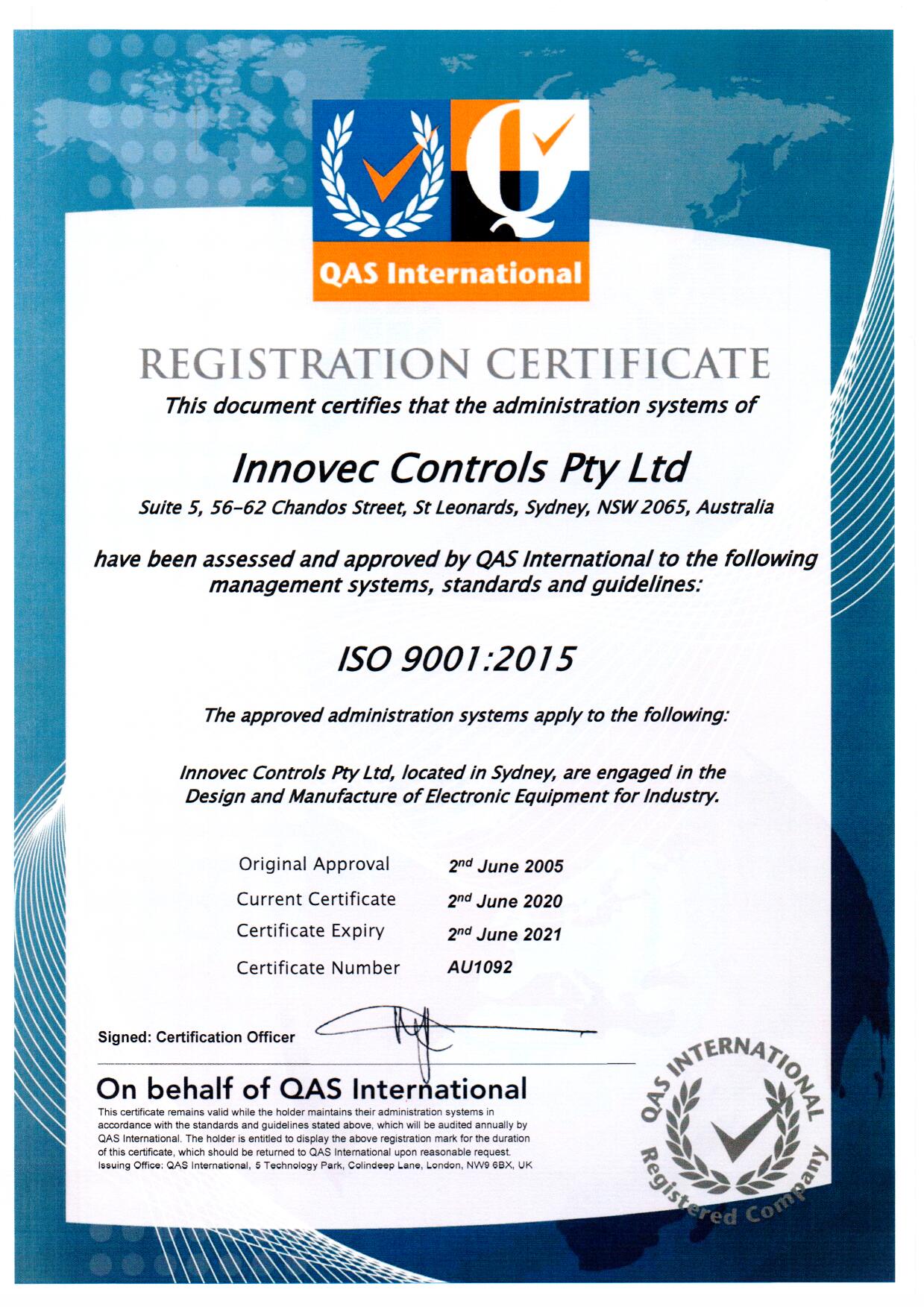 Innovec Controls ISO Certificate